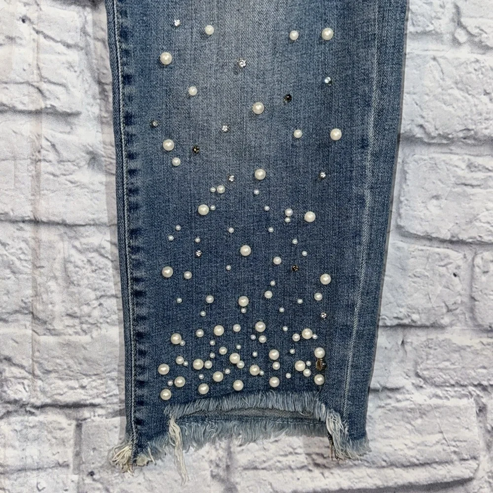 Anthropologie Pilcro Hyphen Pearl Gem Embellished Jeans Boho Distressed Denim